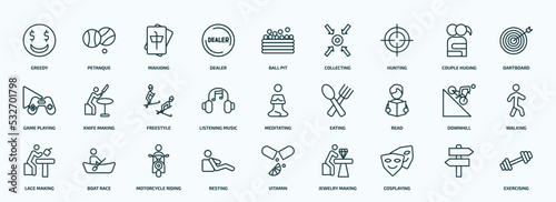 special lineal activity and hobbies icons set. outline icons such as greedy, dealer, hunting, game playing, listening music, read, lace making, resting, cosplaying, line icons.