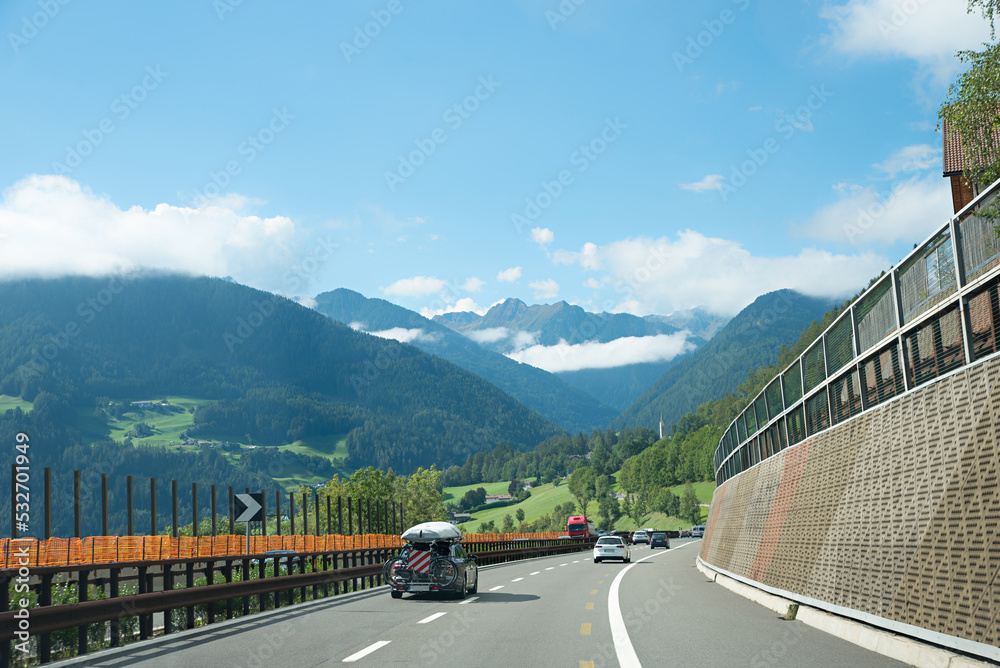 driving on vacation on the brenner highway austria - obrazy, fototapety, plakaty 