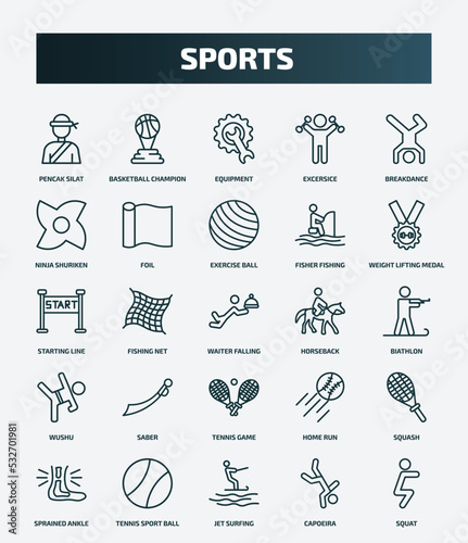 set of 25 special lineal sports icons. outline icons such as pencak silat, basketball champion, breakdance, exercise ball, starting line, horseback, saber, squash, jet surfing, capoeira line icons.