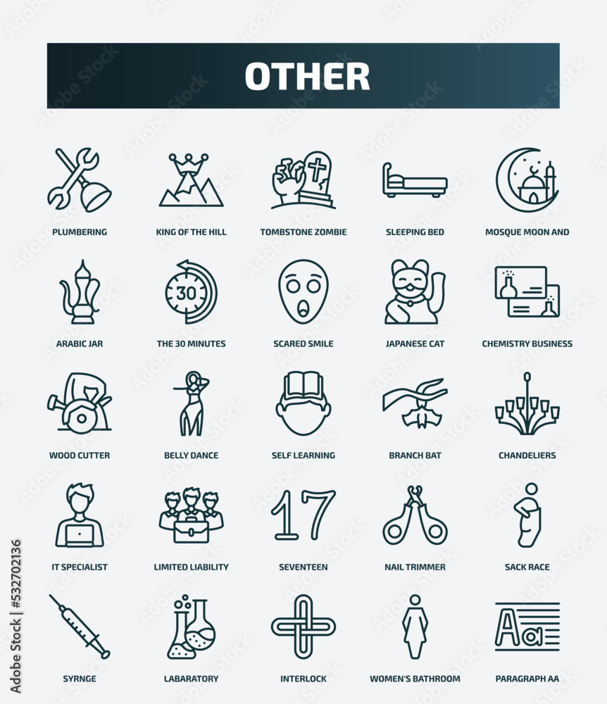 set of 25 special lineal other icons. outline icons such as plumbering, king of the hill, mosque moon and star, scared smile, wood cutter, branch bat, limited liability, sack race, interlock,
