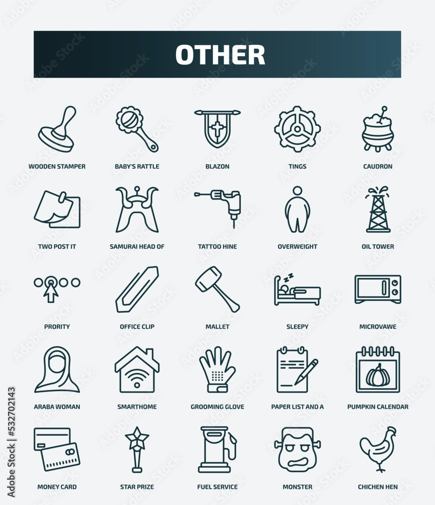 Fototapeta premium set of 25 special lineal other icons. outline icons such as wooden stamper, baby's rattle, caudron, tattoo hine, prority, sleepy, smarthome, pumpkin calendar, fuel service, monster line icons.
