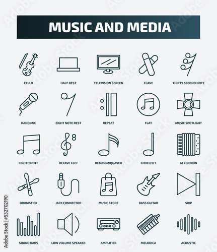 set of 25 special lineal music and media icons. outline icons such as cello, half rest, thirty second note rest, repeat, eighth note, crotchet, jack connector, skip, amplifier, melodica line icons. photo