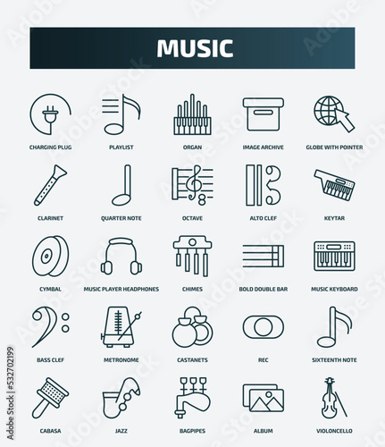 set of 25 special lineal music icons. outline icons such as charging plug, playlist, globe with pointer, octave, cymbal, bold double bar line, metronome, sixteenth note, bagpipes, album line icons.