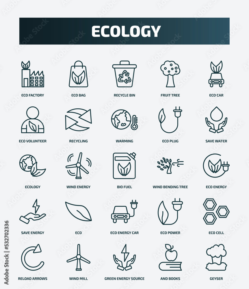 Naklejka premium set of 25 special lineal ecology icons. outline icons such as eco factory, eco bag, eco car, warming, ecology, wind bending tree, cell, green energy source, and books line icons.
