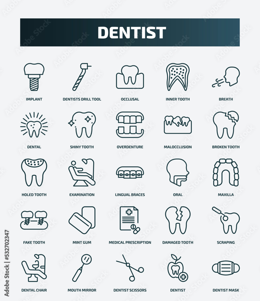 set of 25 special lineal dentist icons. outline icons such as implant