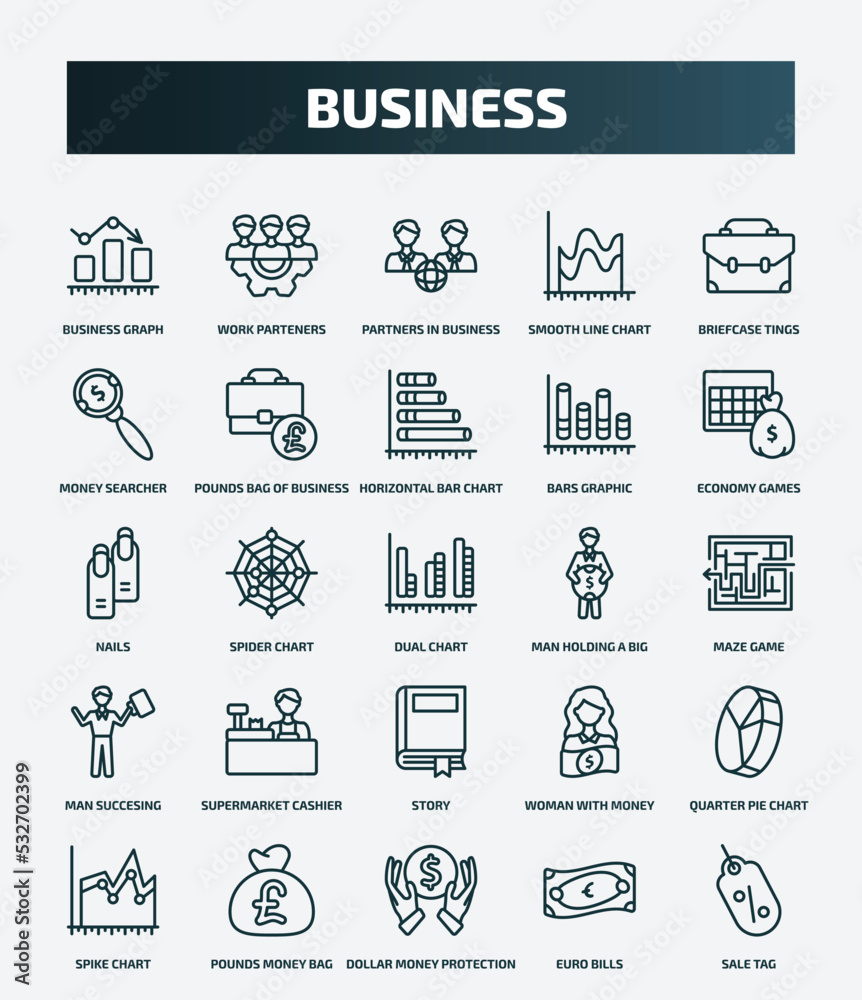set of 25 special lineal business icons. outline icons such as business graph, work parteners, briefcase tings, horizontal bar chart, nails, man holding a big coin, supermarket cashier, quarter pie