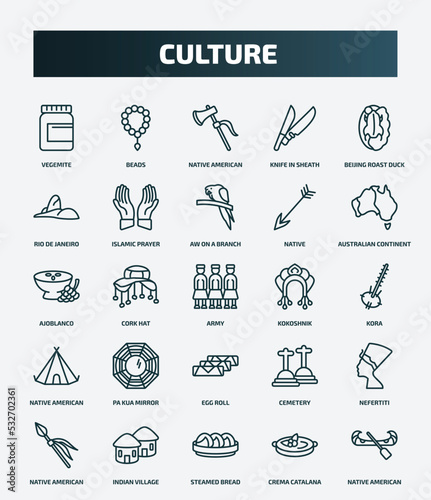 set of 25 special lineal culture icons. outline icons such as vegemite, beads, beijing roast duck, aw on a branch, ajoblanco, kokoshnik, pa kua mirror, nefertiti, steamed bread, crema catalana line