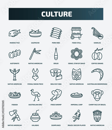 set of 25 special lineal culture icons. outline icons such as marine fish, gazpacho, kankles, orujo, native american totem, native american mask, australian emu, chimp face of brazil, dumplings,
