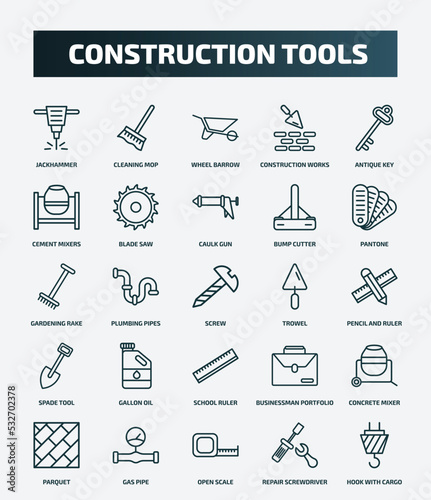 set of 25 special lineal construction tools icons. outline icons such as jackhammer, cleaning mop, antique key, caulk gun, gardening rake, trowel, gallon oil, concrete mixer, open scale, repair