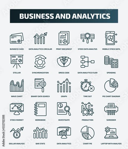 set of 25 special lineal business and analytics icons. outline icons such as business card, data analytics circular, mobile stock data, dress code, wave chart, time out, workbook, shredder, data