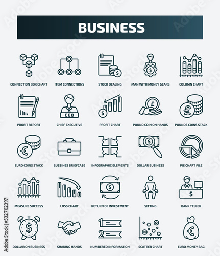 set of 25 special lineal business icons. outline icons such as connection box chart, item connections, column chart, profit chart, euro coins stack, dollar business search, loss bank teller,