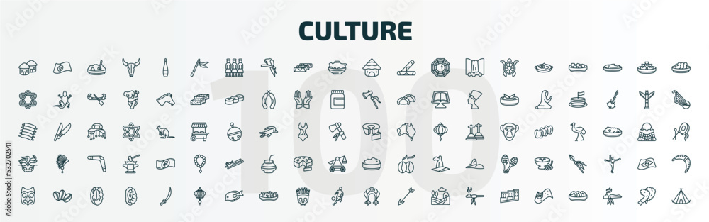 set of 100 special lineal culture icons set. outline icons such as indian village, native american flute, mud hut, bolo de fuba, brazil carnival mask, rice pudding, native american mask, paper set of 100 special lineal culture icons set. outline icons such as indian village, native american flute, mud hut, bolo de fuba, brazil carnival mask, rice pudding, native american mask, paper