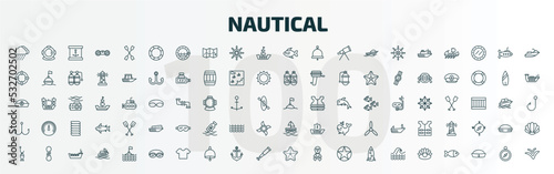 set of 100 special lineal nautical icons set. outline icons such as rainy cloud, big float, fish, buoys, fishing hook, wood raft, fish shaped bait, swin goggle, starfish, pearl line icons.