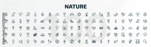 set of 100 special lineal nature icons set. outline icons such as white ash tree, silver maple tree, sun flare, flowerpot, eastern white pine tree, white oak floral decorations, beautiful lotus