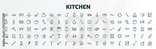 set of 100 special lineal kitchen icons set. outline icons such as garlic press, toaster, pitcher, squeezer, mould, coffee maker, ice cube tray, knives, coffee hine, kitchen tap line icons.
