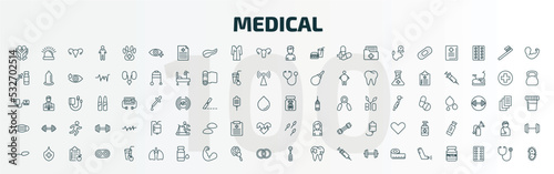set of 100 special lineal medical icons set. outline icons such as health care, ophthalmology, boy, poisonous, medical mask, sperm, spermatozoon, lung, electric toothbrush, inhalator line icons.
