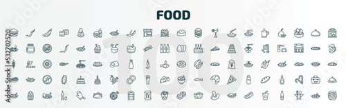 set of 100 special lineal food icons set. outline icons such as burguer, hamburger and drink, dog food, chote donut, foods, bowl with vegetables, cantonese seafood soup, mexican, flower shaped