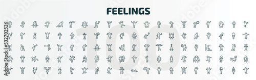 set of 100 special lineal feelings icons set. outline icons such as down human, stressed human, great human, blessed positive full strong lovely comfortable hopeless line icons.