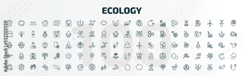set of 100 special lineal ecology icons set. outline icons such as dust bin, biodiesel, eco energy car, recycle, wind bending tree, eco power, recycling, tree of love, drop, 100 % natural badge line
