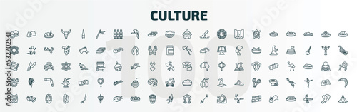 set of 100 special lineal culture icons set. outline icons such as indian village, native american flute, mud hut, bolo de fuba, brazil carnival mask, rice pudding, native american mask, paper