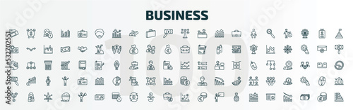 set of 100 special lineal business icons set. outline icons such as credit card and ticket, man with moustach, scale in balance, line chart statistics, dollar business search, one dollar coins,