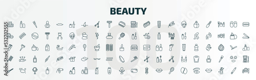 set of 100 special lineal beauty icons set. outline icons such as wet wipes, eyeliner, eye shadow, men cream, inclined comb, toothbrush, nail file, skincare, little makeup box, woman eye line icons.