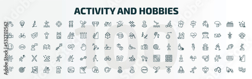 set of 100 special lineal activity and hobbies icons set. outline icons such as listening music, wood carving, foosball, resting, lace making, horse riding, martial art, aquarium, read, ice skating