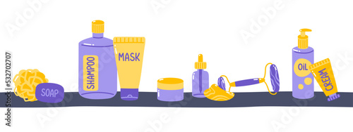 Vector set of bottles and tubes with cosmetics and skin care products on the shelf. Isolated on white background