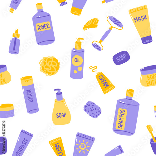 Vector seamless pattern with cosmetics and skin care products