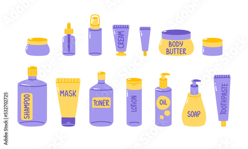 Vector collection of bottles and tubes with cosmetics and skin care products. Sticker set isolated on white background