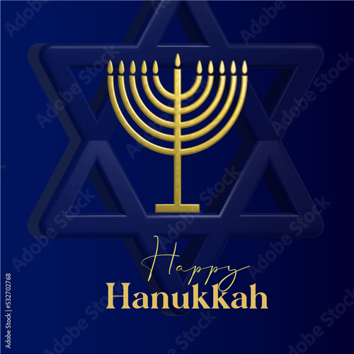 Happy Hanukkah card design with gold symbols on blue color background for Hanukkah Jewish holiday