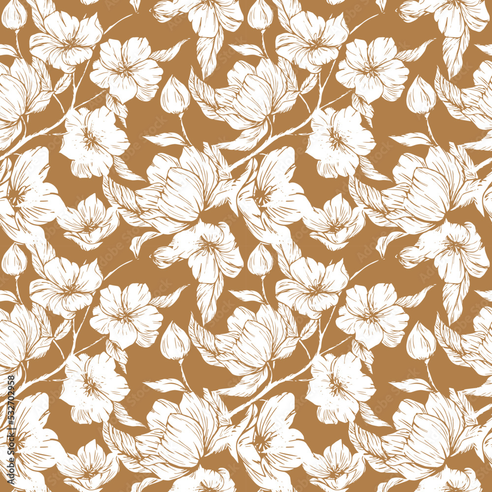 Beige seamless vector pattern with white flowers. Silhouette. Delicate textile pattern. Print for a dress. White flowers. Vintage. Retro. Beige floral background. Interior. Home textiles.