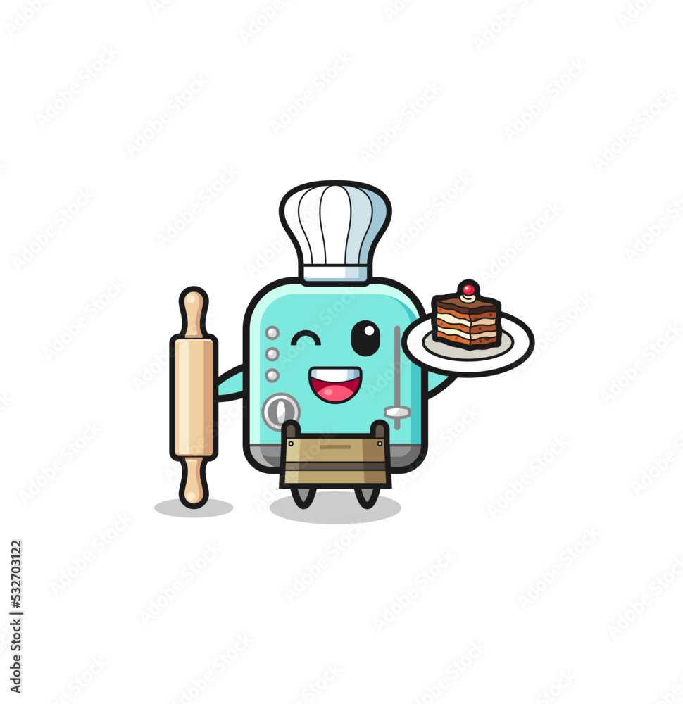 toaster as pastry chef mascot hold rolling pin