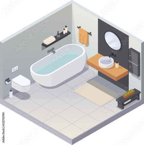 isometric bathroom with toilet and equipment, vector illustration