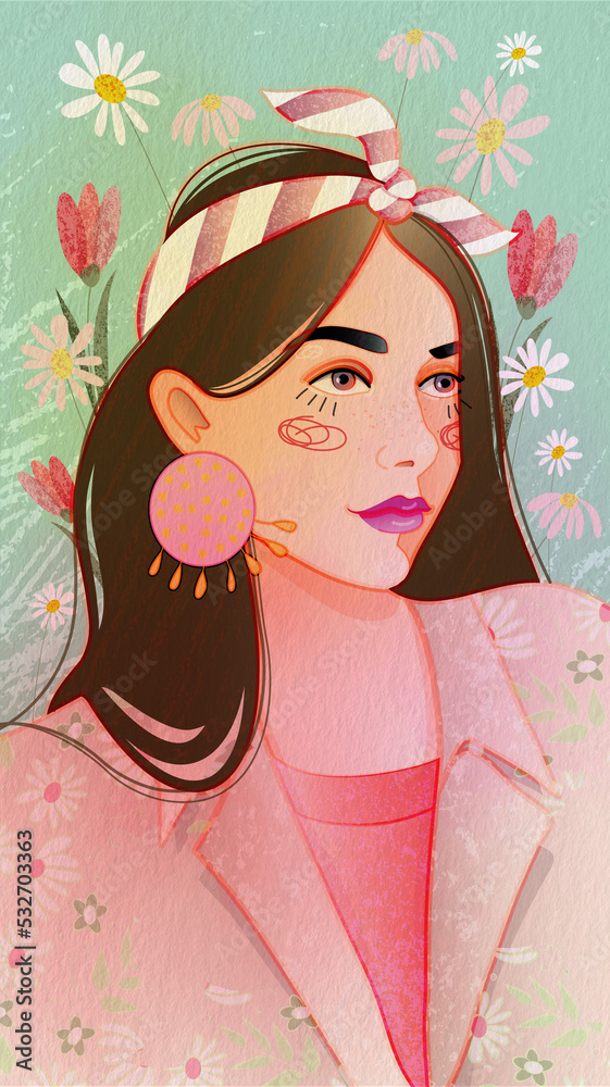 A bright postcard with a picture of a girl with dark hair in a striped scarf. An illustration in the author's style using texture and watercolor effect. A bright postcard with a picture of a girl with dark hair in a striped scarf. An illustration in the author's style using texture and watercolor effect.