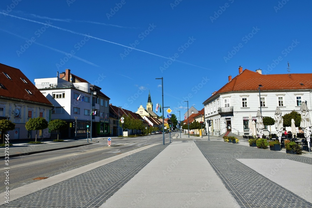 Žalec, Slovenia - September 18 2022: Center square in the town of Zalec in Stajerska, Slovenia