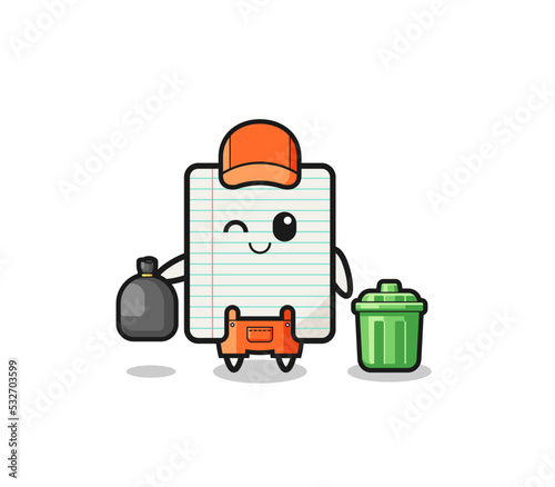 the mascot of cute paper as garbage collector