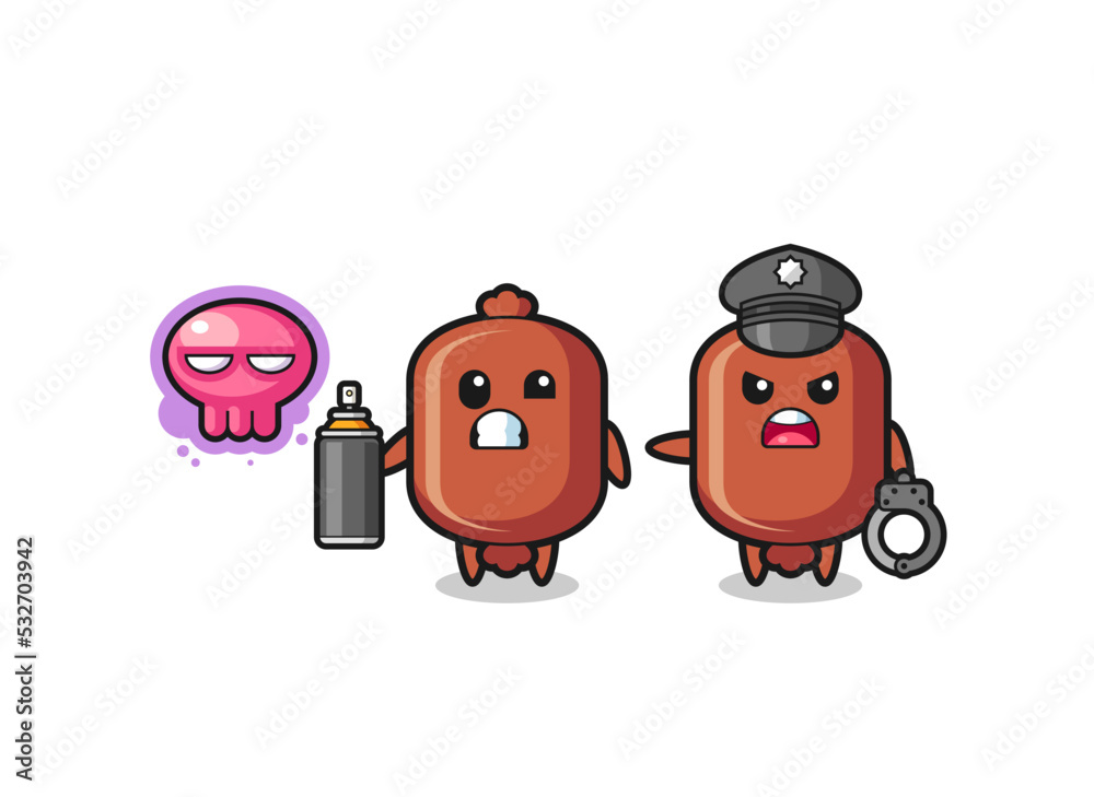 sausage cartoon doing vandalism and caught by the police