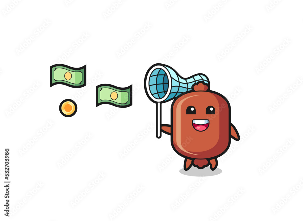 illustration of the sausage catching flying money illustration of the sausage catching flying money