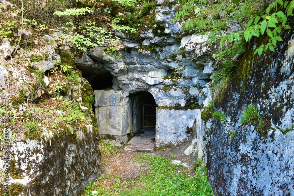 Entrance to a fortified position in the alpine wall defense line near Pivka in Notranjska, Slovenia