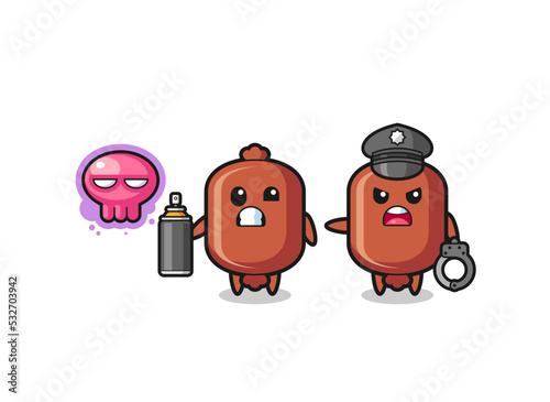 sausage cartoon doing vandalism and caught by the police