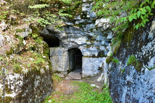 Fototapeta Naklejka Na Ścianę i Meble -  Entrance to a fortified position in the alpine wall defense line near Pivka in Notranjska, Slovenia