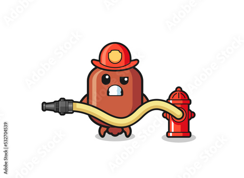 sausage cartoon as firefighter mascot with water hose