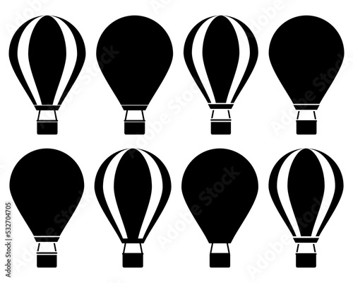 Hot air ballooon silhouette icon set. Ballooon vector illustration isolated on white background. Transport symbol.