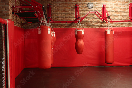 gym hall with punching bag closeup photo on red wall background photo