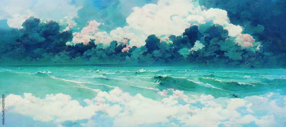 Hot summer day beautiful ocean seascape with calm waves, gorgeous cumulus watercolor clouds and distant horizon. soothing relaxing turquoise and sea foam green colors with a touch of pink. 
