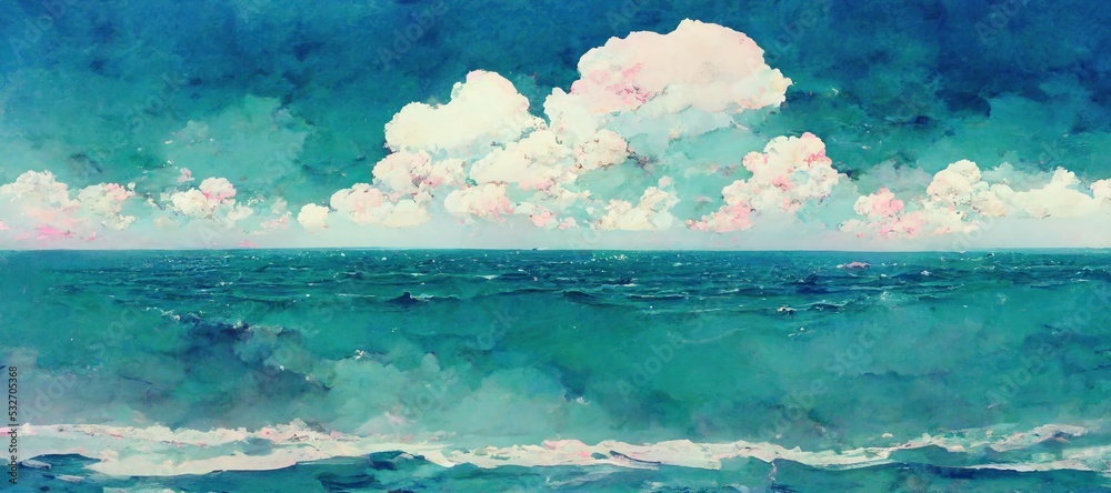 Hot summer day beautiful ocean seascape with calm waves, gorgeous cumulus watercolor clouds and distant horizon. soothing relaxing turquoise and sea foam green colors with a touch of pink. 
