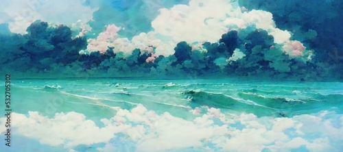 Hot summer day beautiful ocean seascape with calm waves, gorgeous cumulus watercolor clouds and distant horizon. soothing relaxing turquoise and sea foam green colors with a touch of pink. 