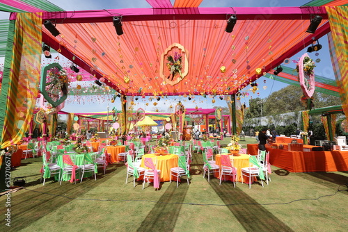 Bangalore, India 14th September 2022: Grand and Luxurious Indian Wedding Decoration. Wedding Events Decor. Rajasthani themed  Wedding Decorations and Arrangement setup