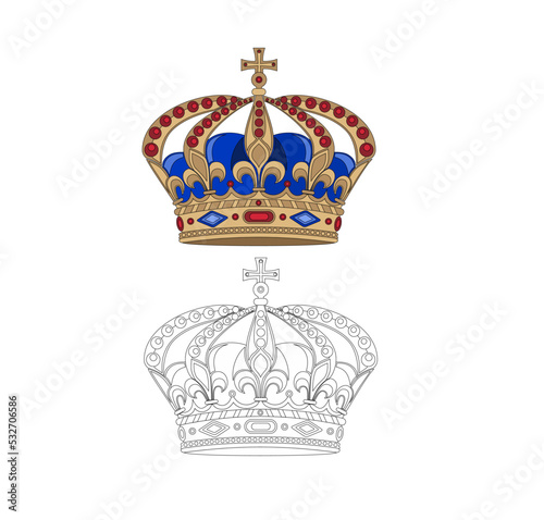 ROYAL QUEEN AND KING CROWN DECORATED WITH PRECIOUS STONES AND GOLD